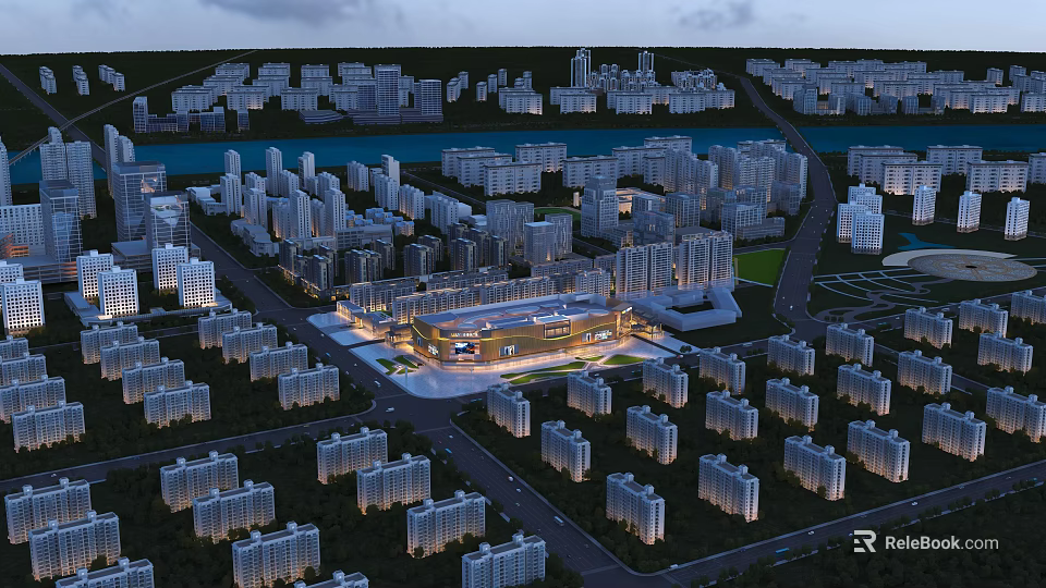 Bird's Eye View Urban Planning with Residential Buildings Commercial Center River Roads and Green Spaces 3d model 