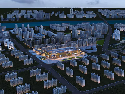 Bird's Eye View Urban Planning with Residential Buildings Commercial Center River Roads and Green Spaces 3d model