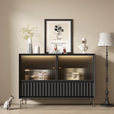 Black Modern Sideboard With Glass Doors And Decorative Vase Framed Art Near Floor Lamp 3d model