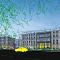 Modern Office Buildings In Urban Setting With Glass And Trees
