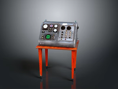 Vintage Electronic Control Panel With Gauges Buttons Knobs On Red Wooden Table 3d model