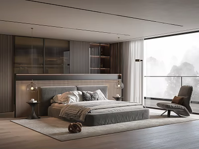 Modern Bedroom Interior Design With Large Bed Bedside Tables Armchair And Scenic Window 3d model