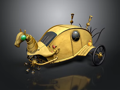 Golden Steampunk Style Water Vehicle With Horse Shaped Head Round Windows And Decorative Wheels 3d model