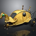 Golden Steampunk Style Water Vehicle With Horse Shaped Head Round Windows And Decorative Wheels