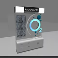 RADICALVAN Display Shelf with Transparent Compartments Blue Circular Design O2 Logo and Bottom Drawers