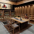 Traditional Chinese Tea House Booth Featuring Wooden Shelves Archway And Product Displays