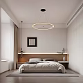 Modern Minimalist Bedroom Interior Design With Round Pendant Light Headboard Wall Art And Green Plant