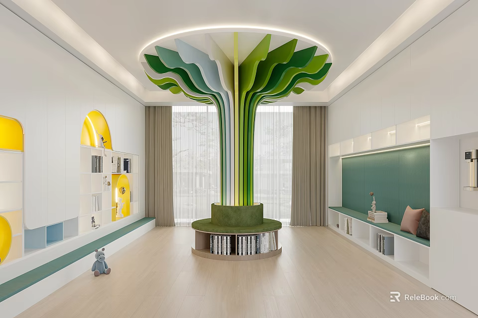 Modern Study Room With Green Tree Shaped Decoration Round Green Seat And Bookshelves 3d model 
