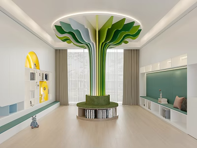 Modern Study Room With Green Tree Shaped Decoration Round Green Seat And Bookshelves 3d model