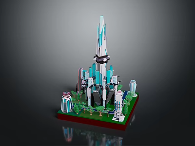 Futuristic Architecture Model Featuring Tall Tower With Blue White Design And Green Surroundings 3d model