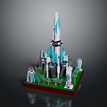 Futuristic Architecture Model Featuring Tall Tower With Blue White Design And Green Surroundings
