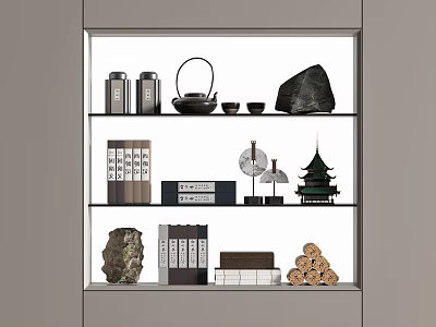 Decorative Ornament Combination on Display Shelf with Teapot Jars Stone Ornaments Books and Pagoda Figurine 3d model