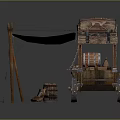 Ancient Wooden Cart Featuring Blue Fabric Canopy Decorative Patterns Wooden Wheels And Circular Mat