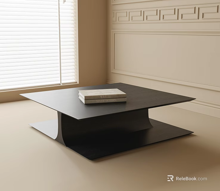 Sleek Black Square Coffee Table With Books Near Window And Light Walls 3d model 