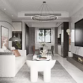 Elegant Modern Living and Dining Room Interior With Chandelier Sofa Dining Table And Decorative Wall