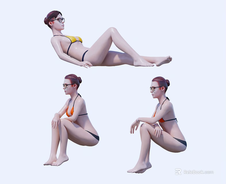 Woman in Bikini Posing in Various Relaxed Seated and Lying Positions 3d model 