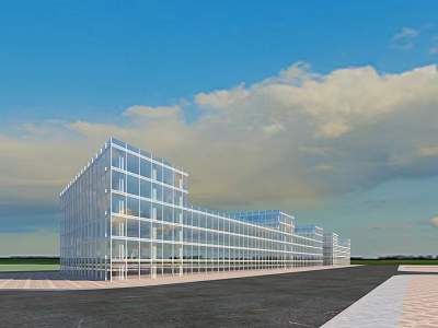 Modern Glass Facade Office Building With Blue Sky And Open Surroundings 3d model