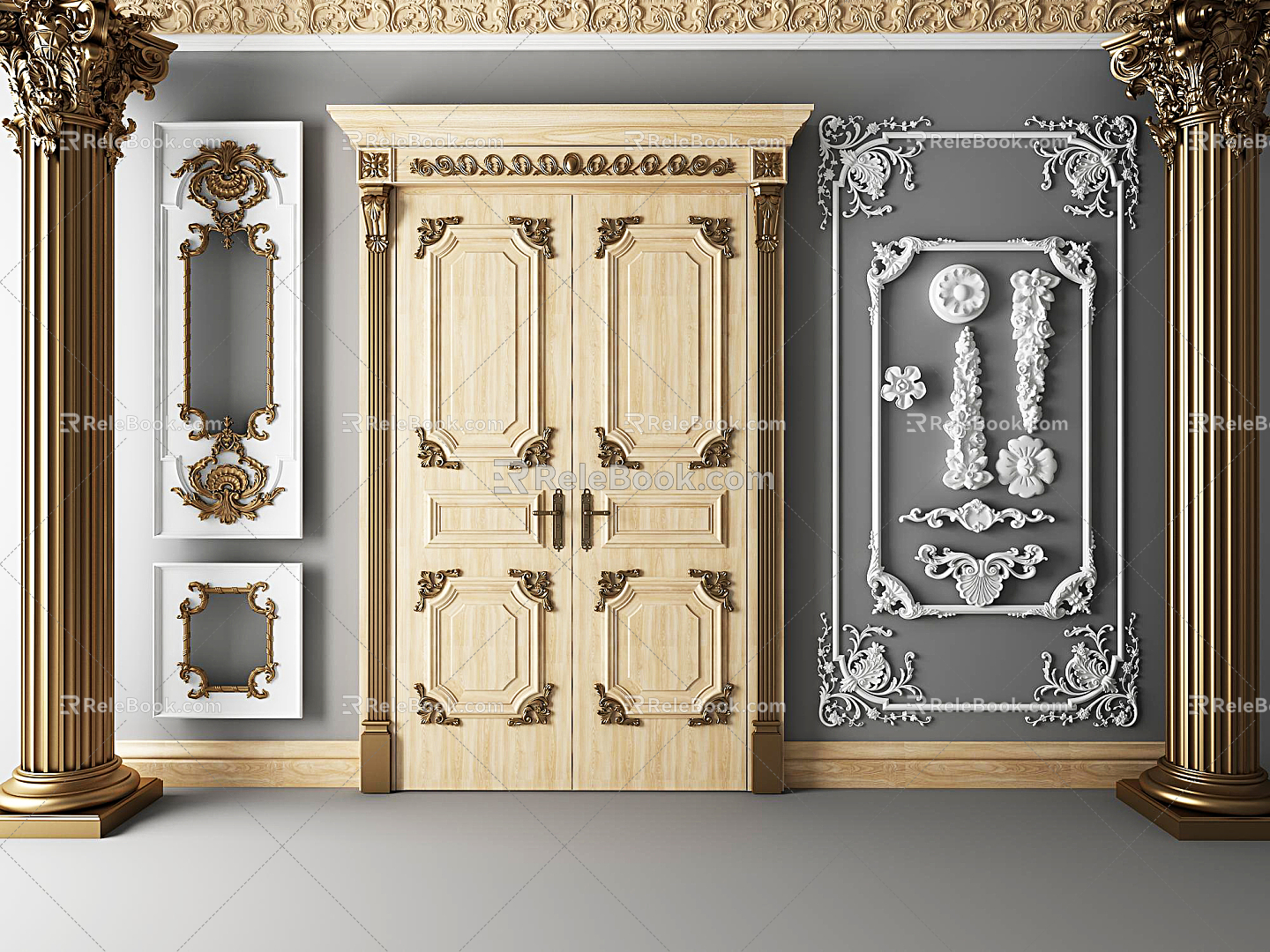 European-style double door carved plaster line double door 3d model