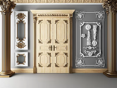 Wooden Double Doors With Golden Columns And White Decorative Panels On Gray Wall 3d model