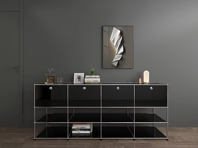 Modern Entryway Cabinet with Metal Frame Decorative Painting and Accessories on Gray Wall 3d model