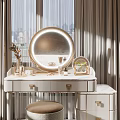 Elegant Modern Dressing Table With Round Mirror Padded Stool And Drawer Cabinet 3d model