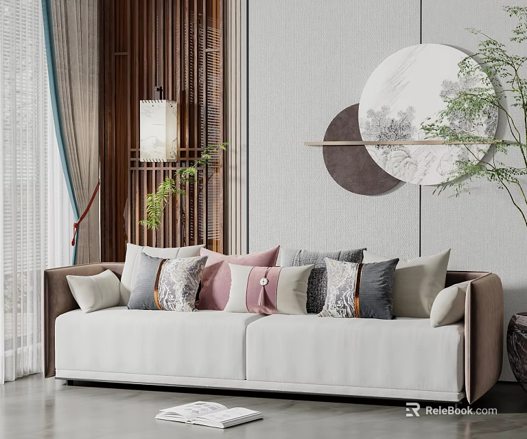 Elegant Double Sofa With Colorful Cushions And Round Wall Art In Modern Living Room Interior 3d model 