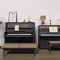 Elegant Musical Instruments Collection With Black Pianos Trumpet Sheet Music Bench And Potted Plant