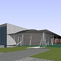 Modern Architectural Structure With Large Canopy Roof Over Water And Green Lawn