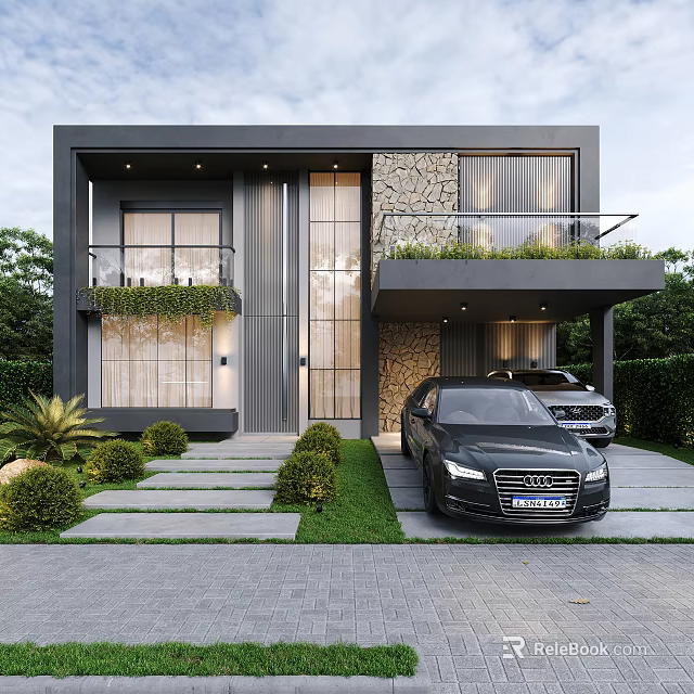 Modern Detached Villa Exterior With Stone Wall Large Glass Windows Balcony And Green Plants 3d model 