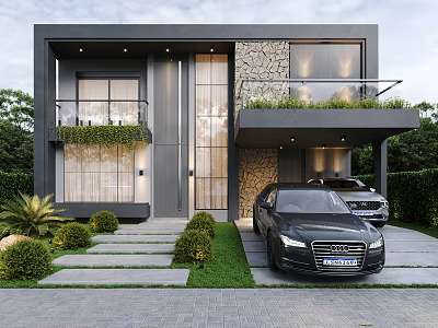 Modern Detached Villa Exterior With Stone Wall Large Glass Windows Balcony And Green Plants 3d model