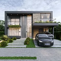 Modern Detached Villa Exterior With Stone Wall Large Glass Windows Balcony And Green Plants
