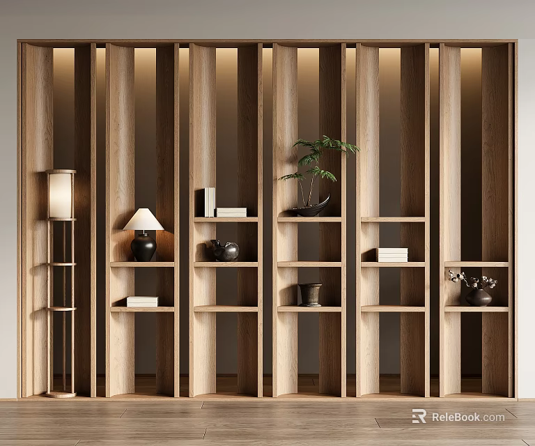 Modern Wooden Bookcase Design With Open Shelves Books Decorative Items And Potted Plant 3d model 