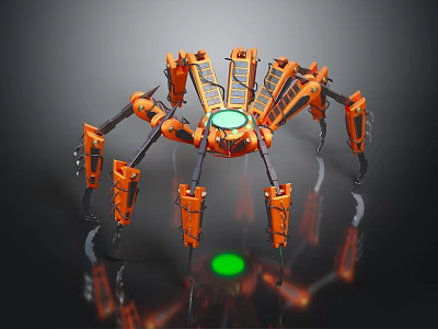 Smart Machine Orange Multi Legged Spider Like Mechanical Structure Featuring Green Core Component 3d model