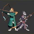 Anthropomorphic Cat Characters With Green Purple Outfits Holding Bow Arrow And Staff