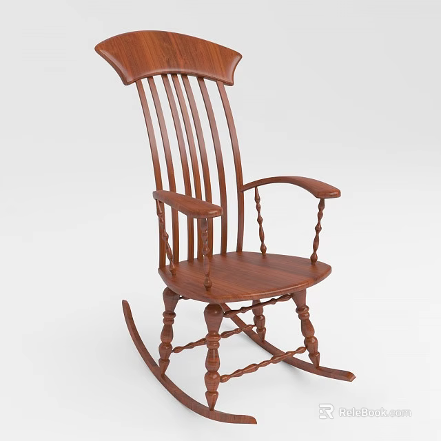 Traditional Wooden Rocking Chair With High Back Curved Armrests And Carved Legs 3d model 