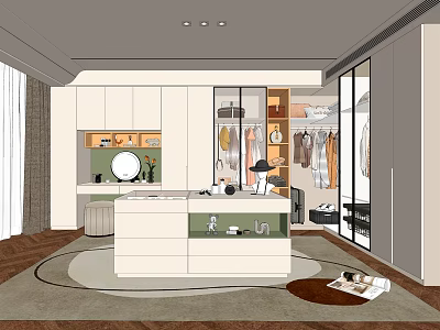 Modern Walk in Closet Interior With White Cabinets Central Dressing Table Mirror And Clothing Racks 3d model
