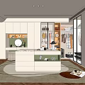 Modern Walk in Closet Interior With White Cabinets Central Dressing Table Mirror And Clothing Racks