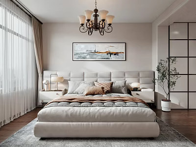 Cozy Modern Bedroom With Soft Headboard Pillows Blanket Hanging Painting Chandelier Curtains And Wooden Floor 3d model