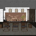 Traditional Chinese Tea Room Interior With Hanging Lanterns Decorative Painting And Wooden Furniture
