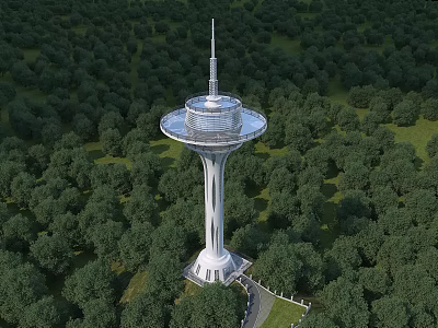 Modern Tower With Circular Observation Platform Surrounded by Lush Green Forest 3d model
