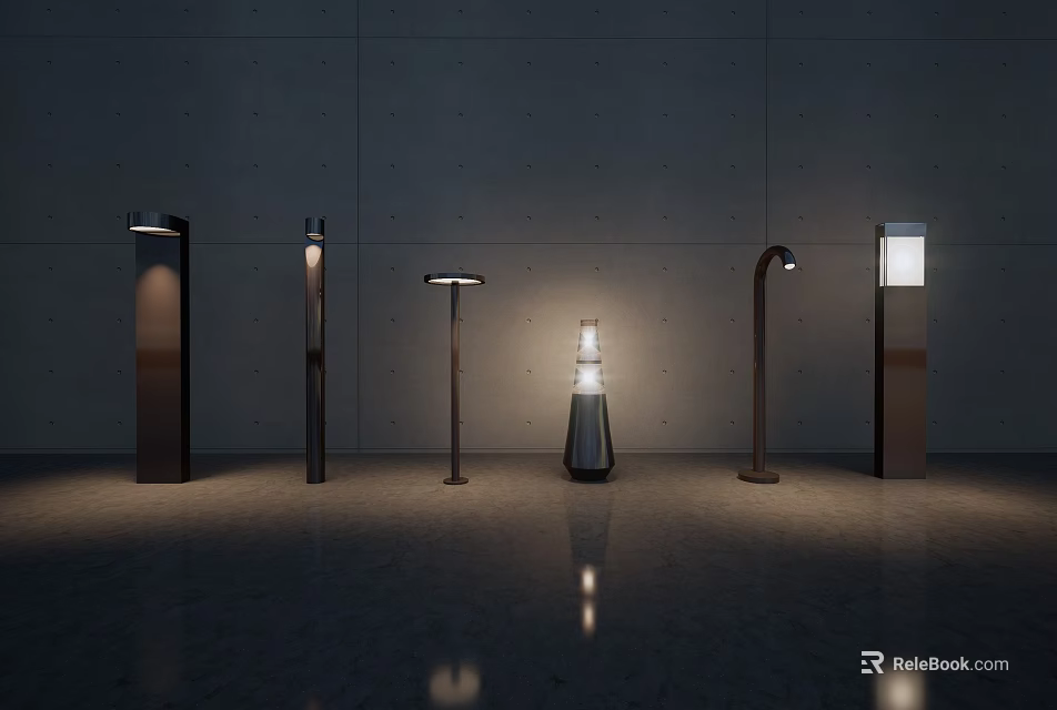 Floor Lamps With Six Different Designs And Various Shapes Lit In Dark Background 3d model 