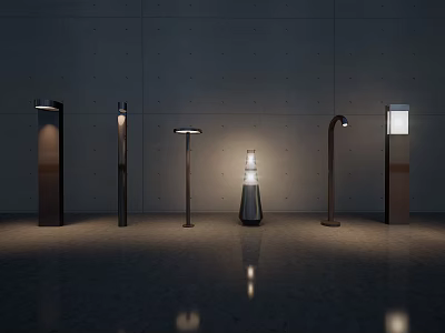 Floor Lamps With Six Different Designs And Various Shapes Lit In Dark Background 3d model