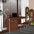Wooden Desk With Laptop Desk Lamp Photo Frame And Comfortable Chair By Window Blinds