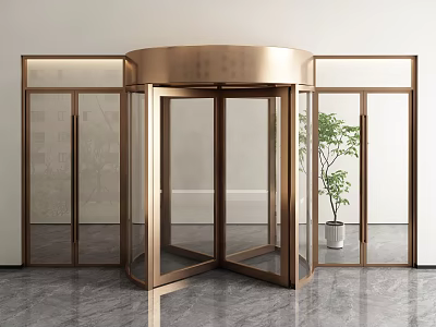 Modern Copper Revolving Door With Glass Panels And Side Plant In Marble Floor Interior 3d model