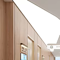 Spacious Elevator Hallway Interior With Wooden Walls Display Screens Seating Green Plants And Polished Tiles