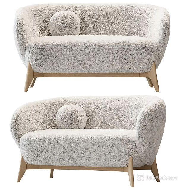 Light Gray Two Seater Sofa With Plush Fabric Wooden Legs And Round Cushion 3d model 