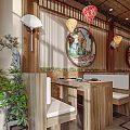 Traditional Chinese Restaurant Interior With Hanging Lanterns Wooden Decor And Green Plants