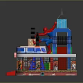 Cartoon Playground Scene With Colorful Buildings Spider Man Decorations And Red Steps