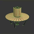 Wooden Round Fire Pit Table With Radiant Slats And Black Metal Legs Design