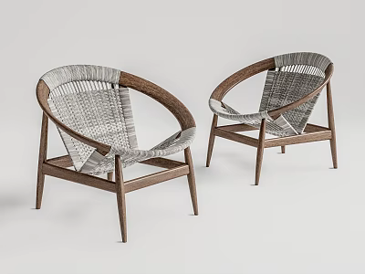 Two Modern Leisure Chairs with Gray Wicker Seats and Brown Wooden Frames Stylish Minimalist Design 3d model